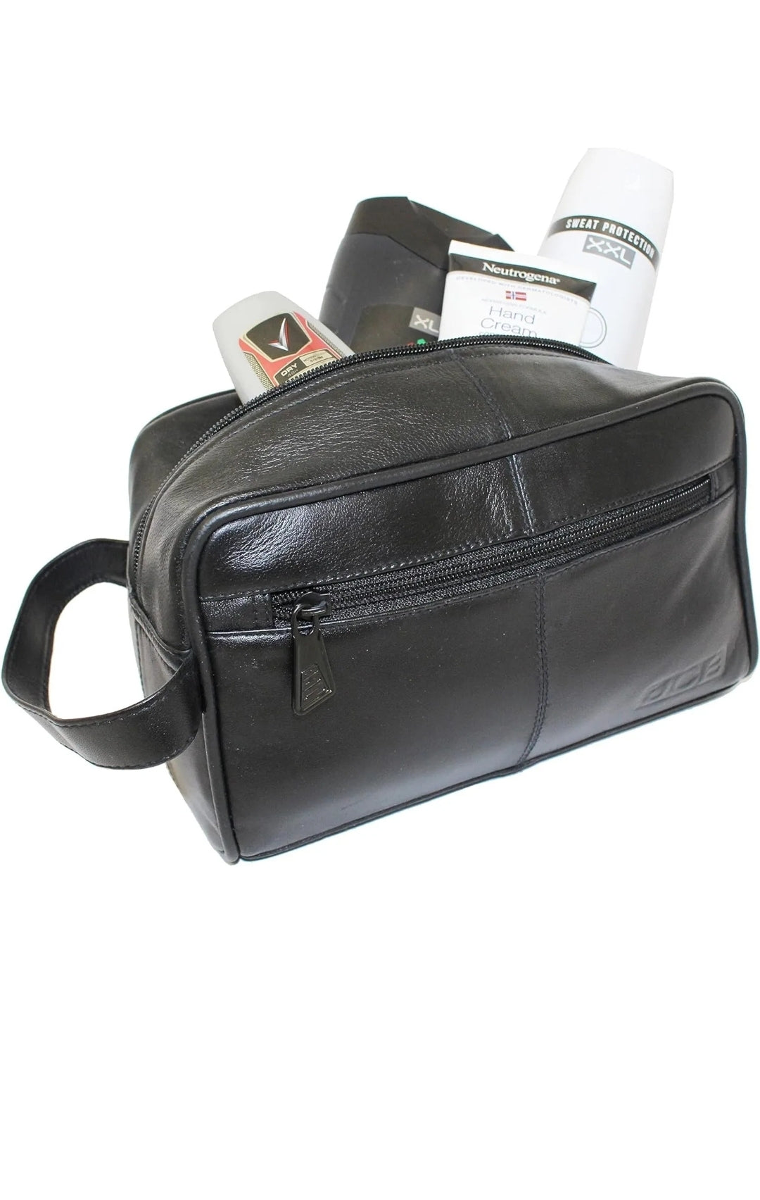 JCB - Black Genuine Leather Travel Wash Bag - Zipped Travel Bags for Men - Trave