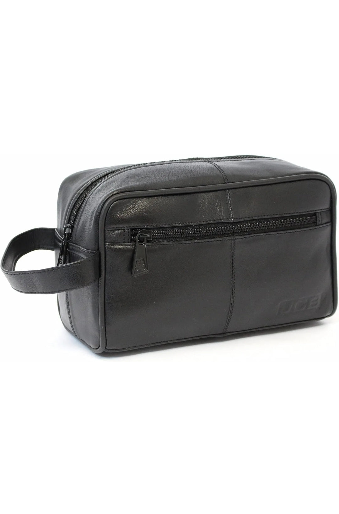JCB - Black Genuine Leather Travel Wash Bag - Zipped Travel Bags for Men - Trave