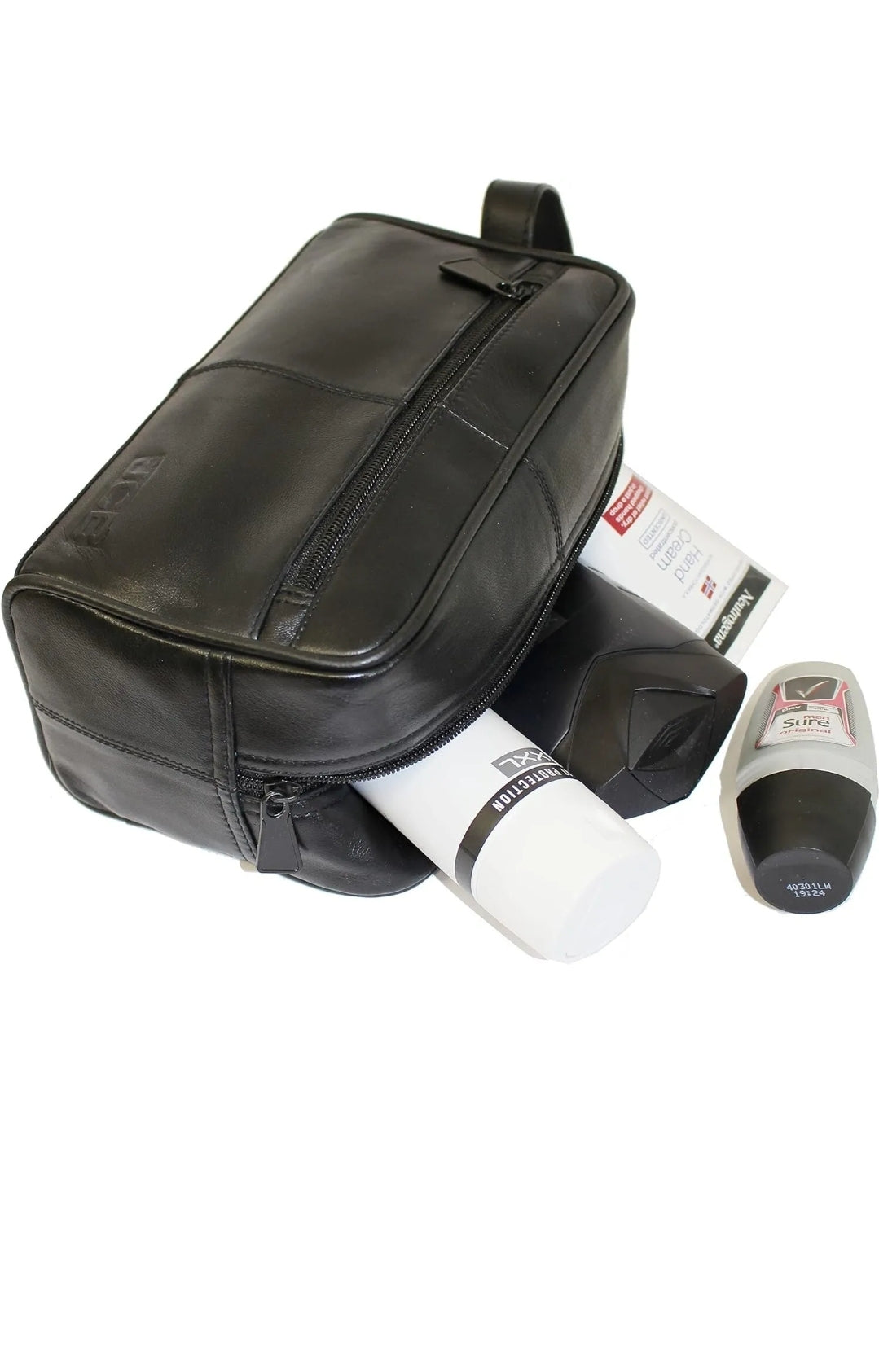 JCB - Black Genuine Leather Travel Wash Bag - Zipped Travel Bags for Men - Trave