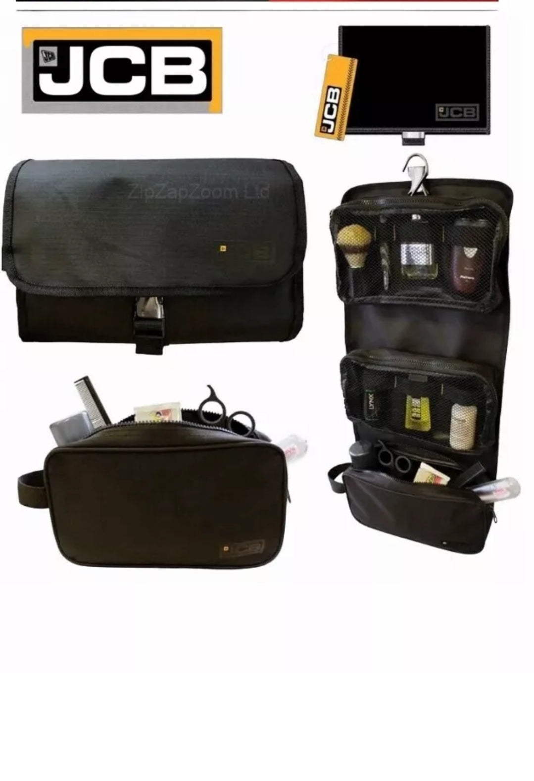 Mens JCB WASH BAG Travel Hanging Gents Toiletry Shower Shaving Case Black UK