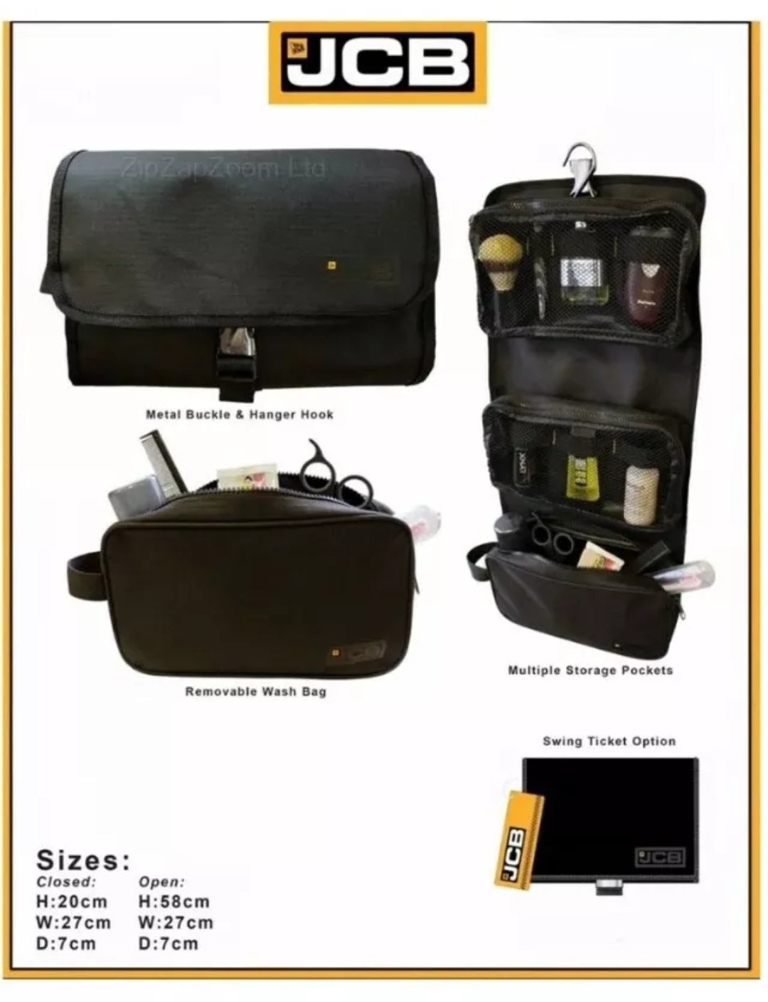 Mens JCB WASH BAG Travel Hanging Gents Toiletry Shower Shaving Case Black UK