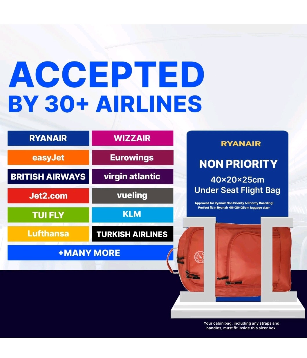 RYANAIR 40x20x25 Underseat Backpack Cabin Bag Nylon Travel Rucksack EasyJet.