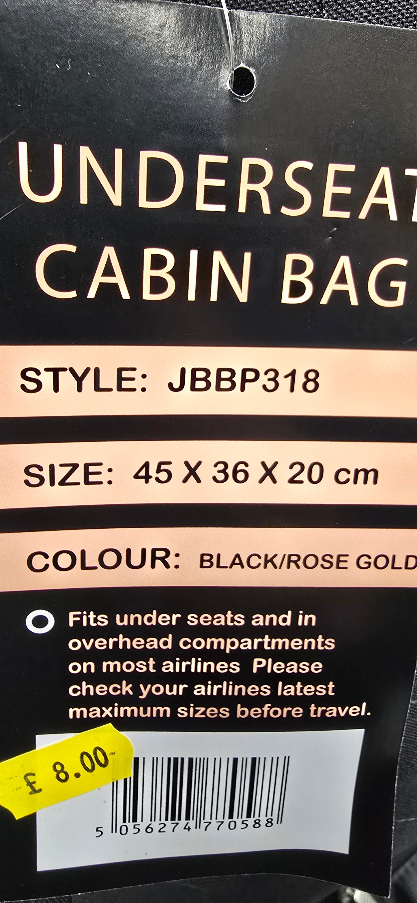 EASYJET under seat backpack 45x36x20cm in Black with rose gold trim.
