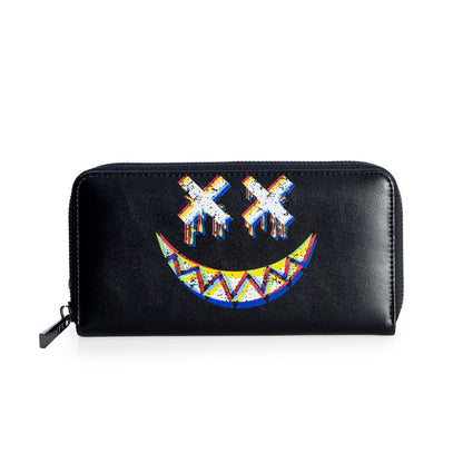 Glitched Black Monster Purse Graphic Smiley Face Banned Apparel Zip Around Long Wallet