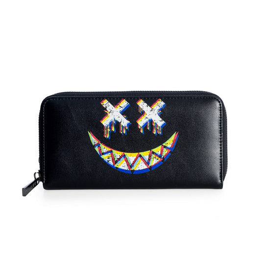 Glitched Black Monster Purse Graphic Smiley Face Banned Apparel Zip Around Long Wallet